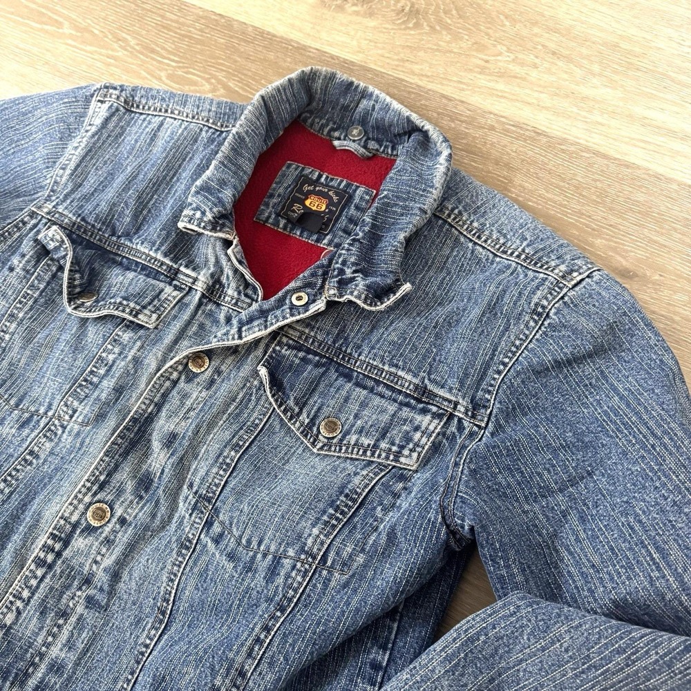 Vintage Route 66 Fleece Lined Blue Denim Trucker Jacket Size M